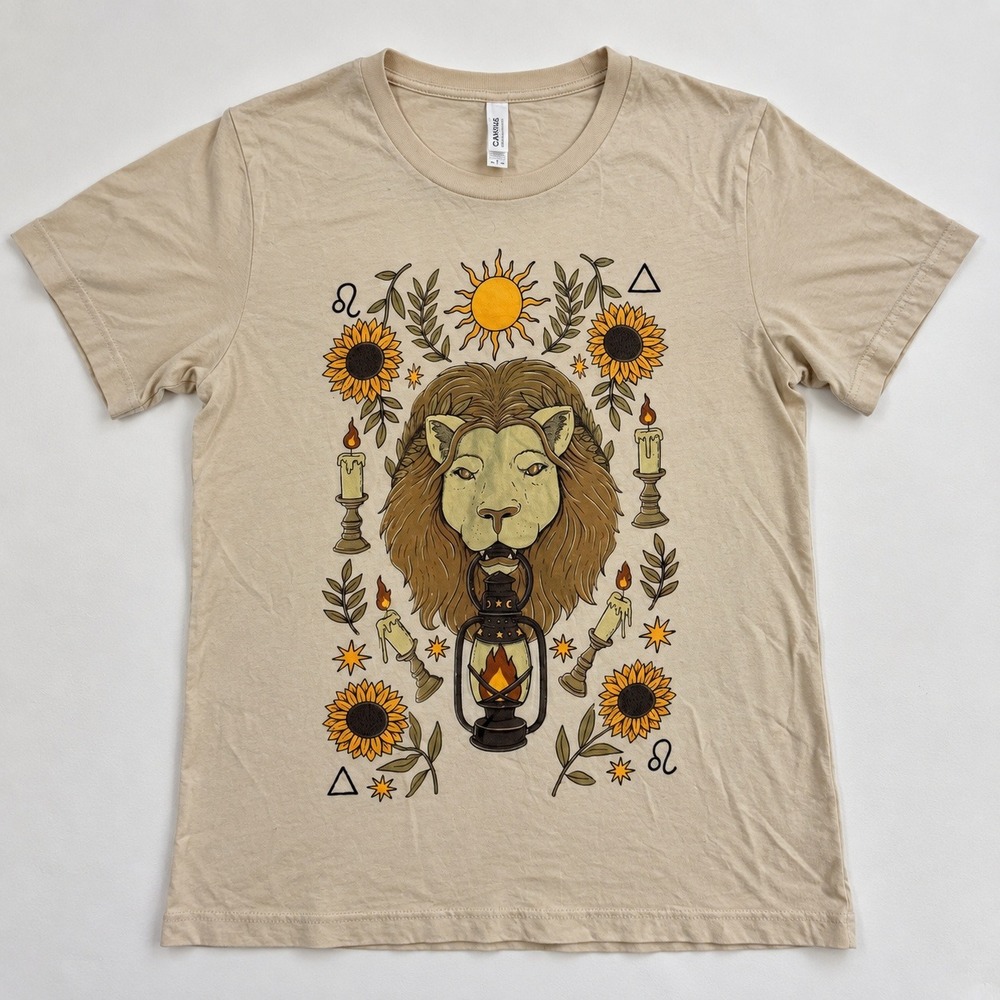 Celestial Leo Lion Lantern Sunflower Graphic Sun Moon Tee Tan Beige XS Cotton